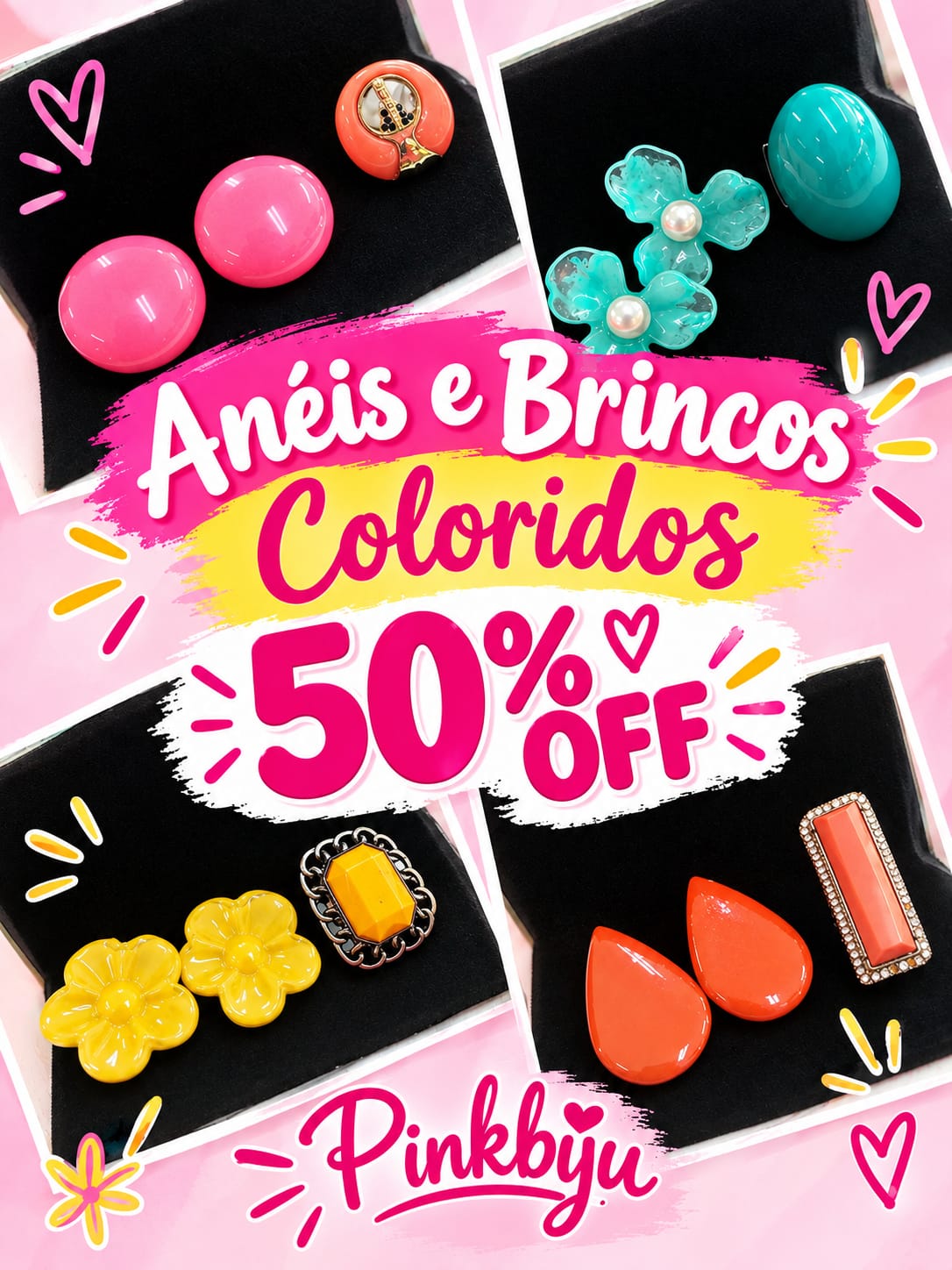 Brincos Coloridos e Anéis Bijuterias com 50% de desconto
