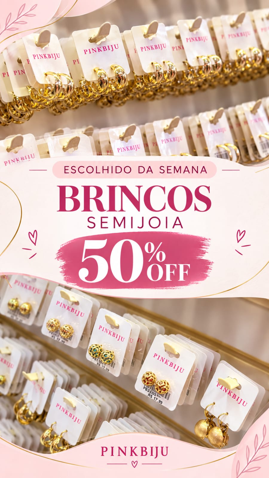 Brincos semijoia dourados com 50% de desconto — argolas e modelos bola