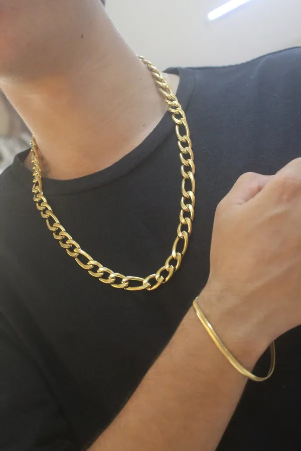 Corrente elo figaro dourada com pulseira cobra dourada em aço inox