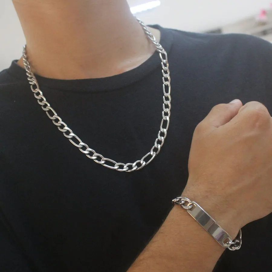 Corrente elo cadeado prateada com pulseira de identificação