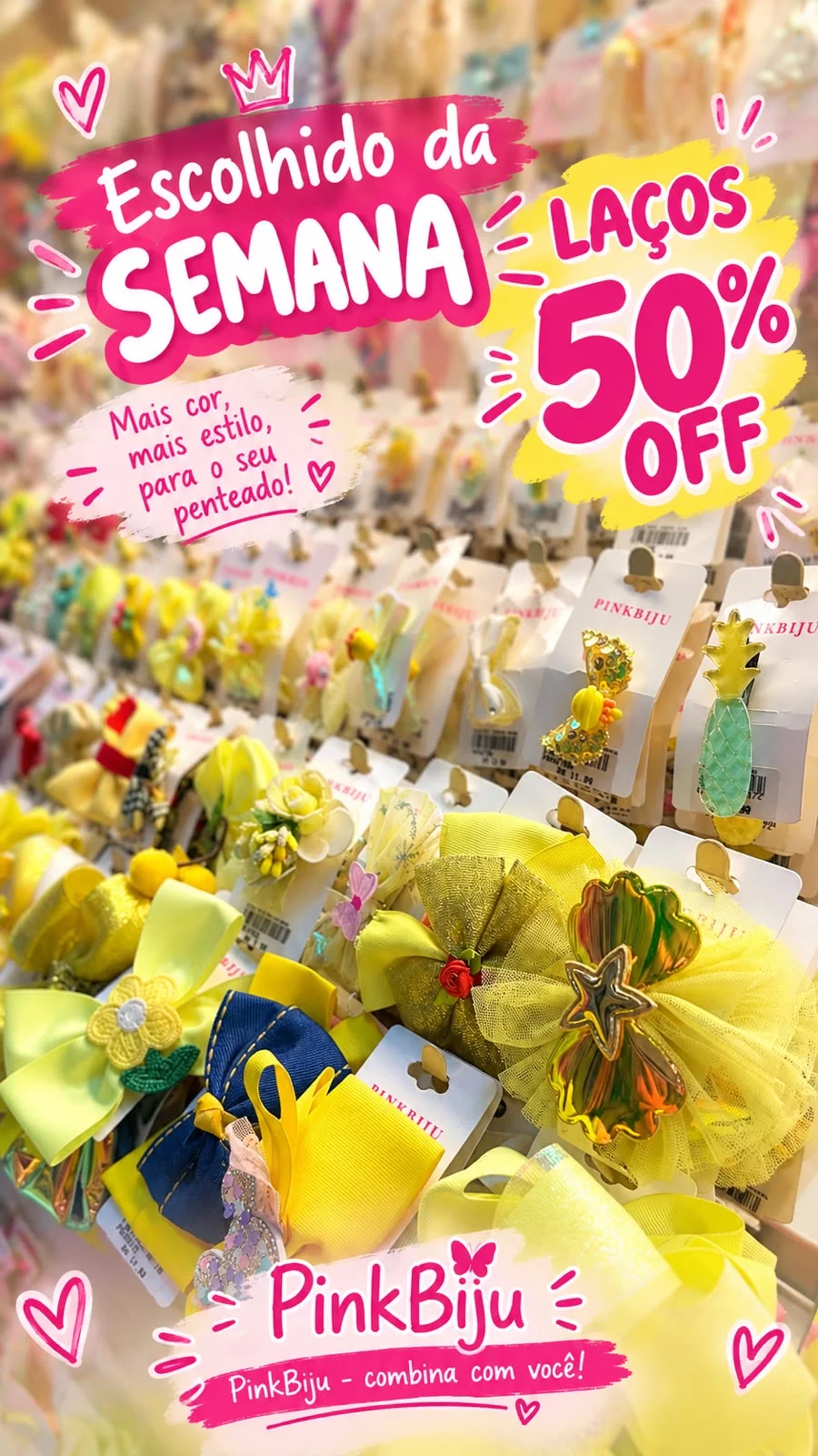 Escolhido da Semana: laços com 50% de desconto — laços amarelos, de tule e com aplicações na vitrine da PinkBiju