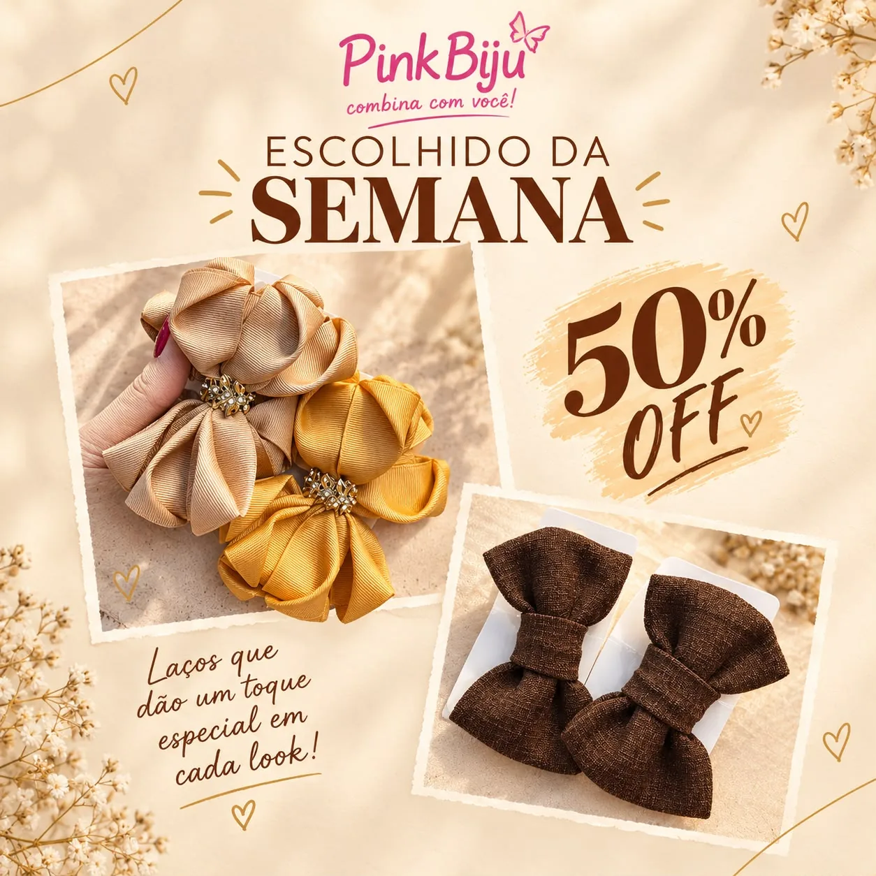 Escolhido da Semana: laços com 50% de desconto — laços de gorgurão bege e mostarda com broche dourado e laços marrom na vitrine da PinkBiju