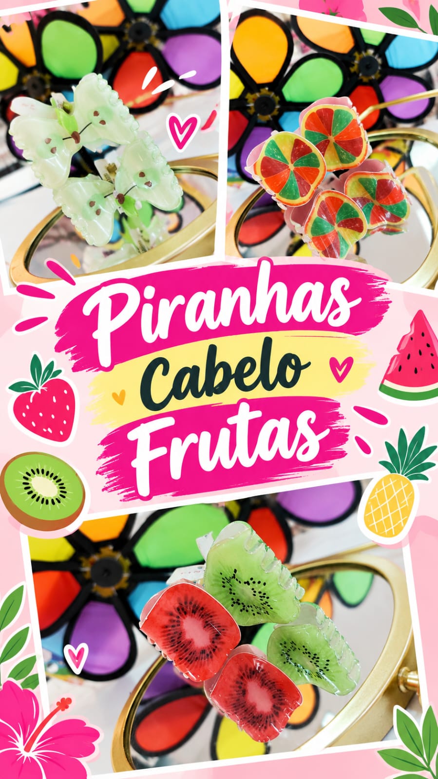 Piranha de cabelo modelo frutas — kiwi, melancia e morango