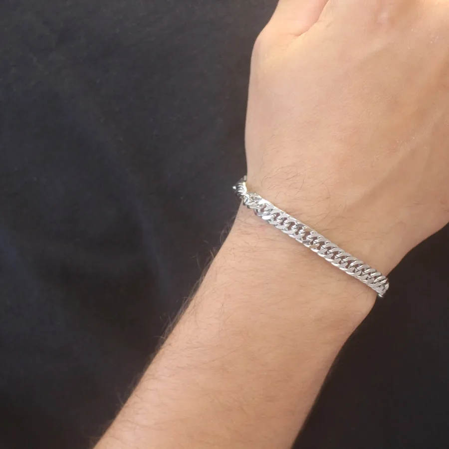 Pulseira masculina de elo grumet em aço inox prateado